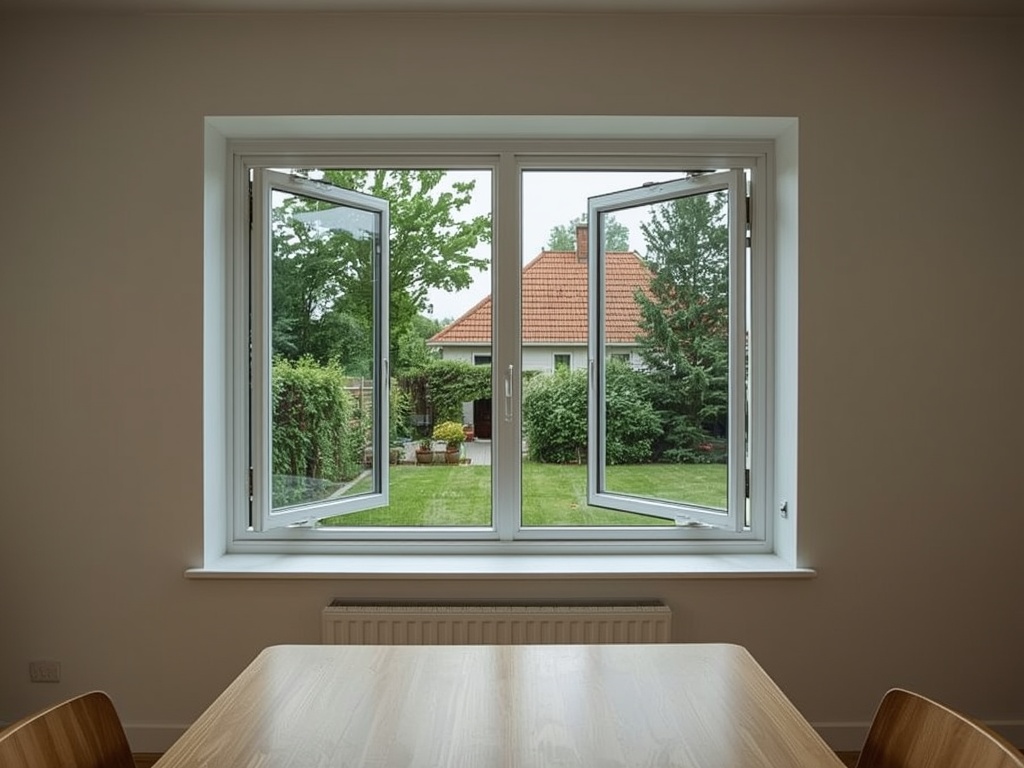 uitzicht vanuit eetkamer in Oosterhout door wit kunststof draai-kiepraam naar achtertuin