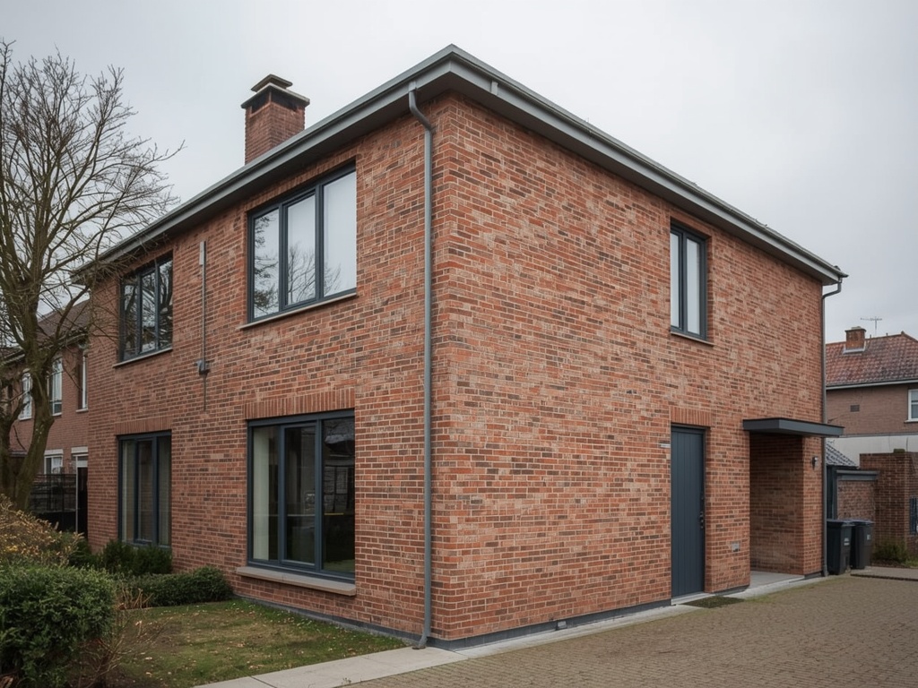 gerenoveerde hoekwoning in Vlijmen met donkergrijze kunststof kozijnen op jaren-70 gevel