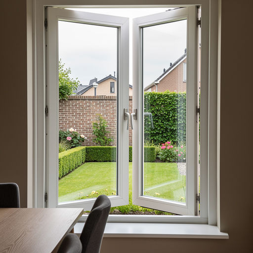 uitzicht vanuit eetkamer in Waspik door wit kunststof draai-kiepraam naar achtertuin