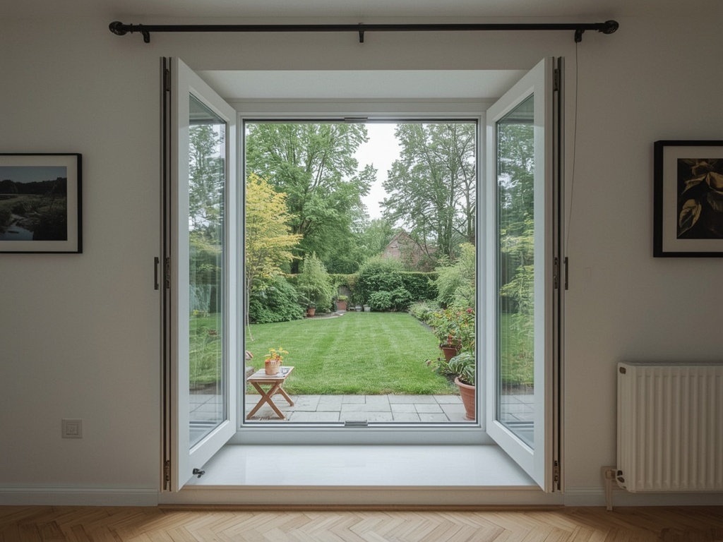 uitzicht vanuit eetkamer in Chaam door wit kunststof draai-kiepraam naar achtertuin