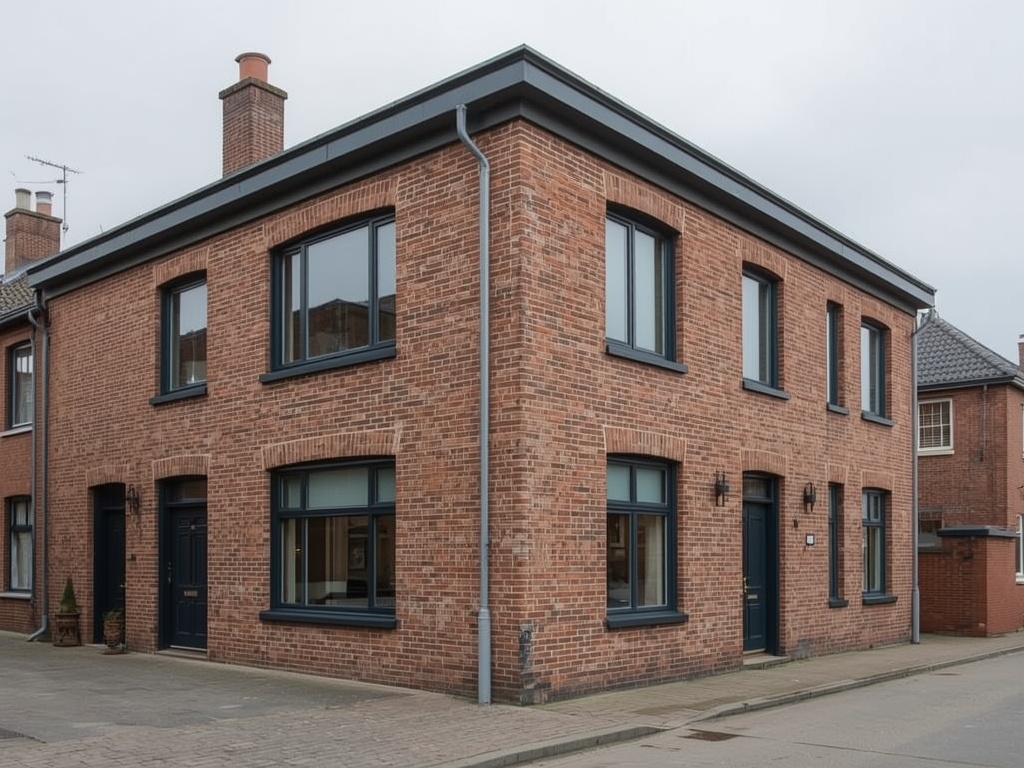 gerenoveerde hoekwoning in Tilburg met donkergrijze kunststof kozijnen op jaren-70 gevel
