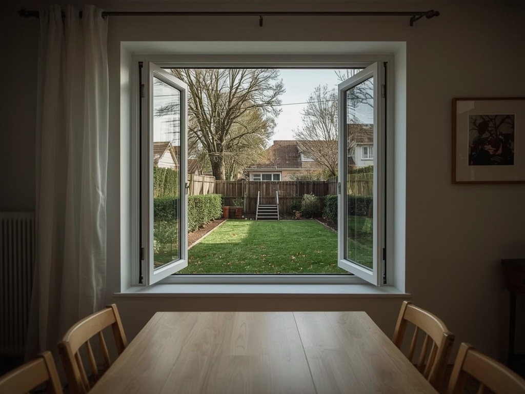 uitzicht vanuit eetkamer in Hilvarenbeek door wit kunststof draai-kiepraam naar achtertuin