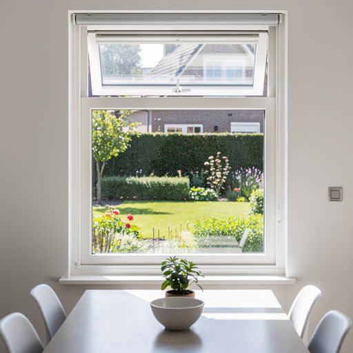 uitzicht vanuit eetkamer in Geertruidenberg door wit kunststof draai-kiepraam naar achtertuin