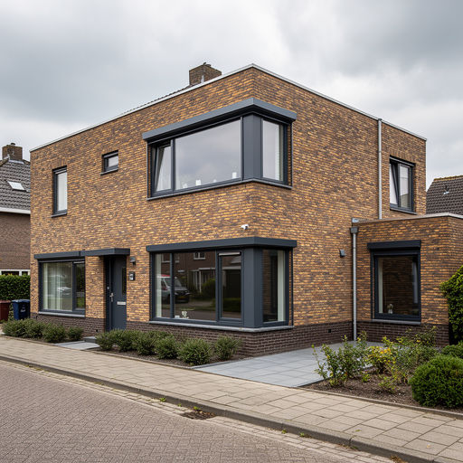gerenoveerde hoekwoning in Oosterhout met donkergrijze kunststof kozijnen op jaren-70 gevel