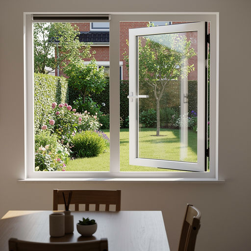uitzicht vanuit eetkamer in Made door wit kunststof draai-kiepraam naar achtertuin