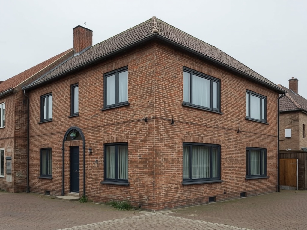 gerenoveerde hoekwoning in Dongen met donkergrijze kunststof kozijnen op jaren-70 gevel