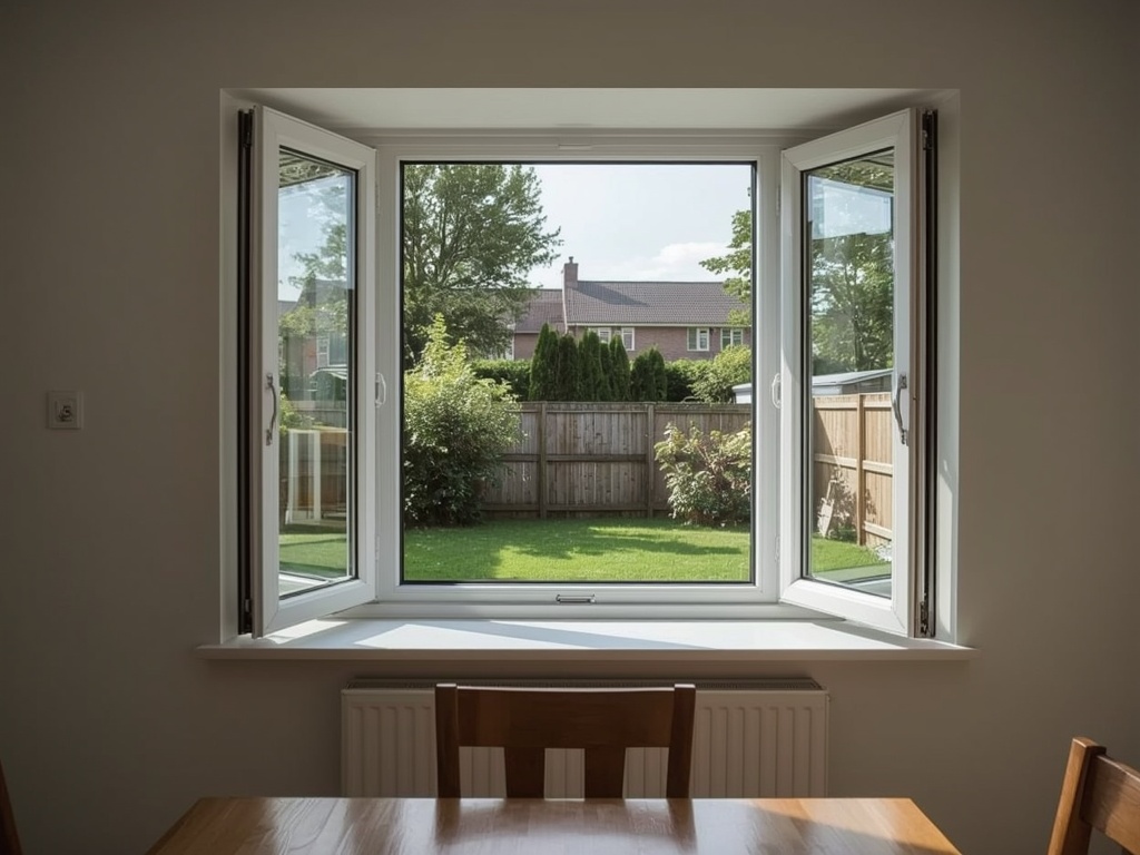 uitzicht vanuit eetkamer in Sprang-Capelle door wit kunststof draai-kiepraam naar achtertuin