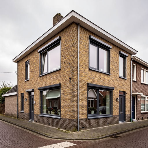 gerenoveerde hoekwoning in Raamsdonksveer met donkergrijze kunststof kozijnen op jaren-70 gevel