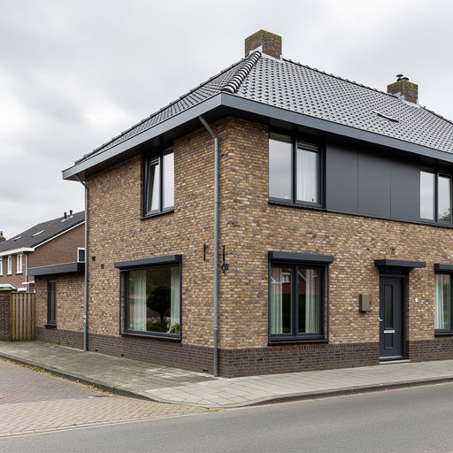 gerenoveerde hoekwoning in Sprang-Capelle met donkergrijze kunststof kozijnen op jaren-70 gevel