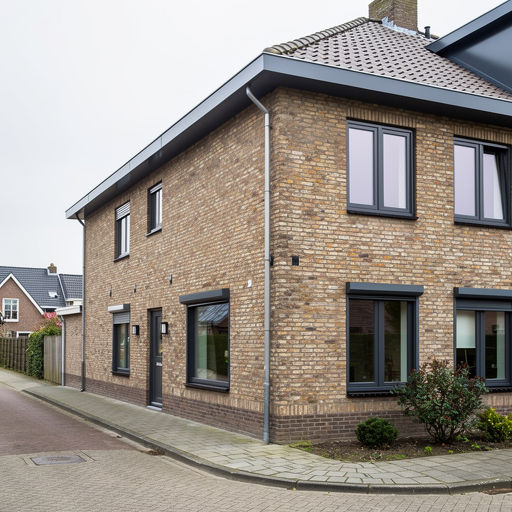gerenoveerde hoekwoning in Rijen met donkergrijze kunststof kozijnen op jaren-70 gevel