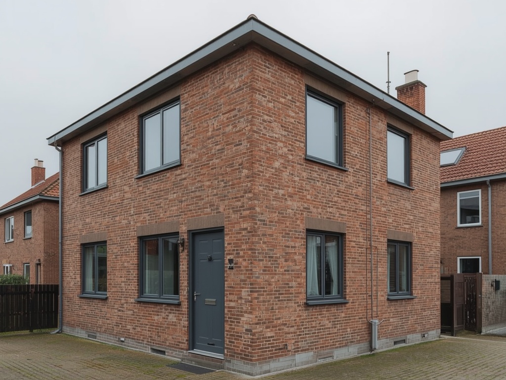 gerenoveerde hoekwoning in Kaatsheuvel met donkergrijze kunststof kozijnen op jaren-70 gevel