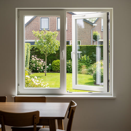 uitzicht vanuit eetkamer in Rijen door wit kunststof draai-kiepraam naar achtertuin