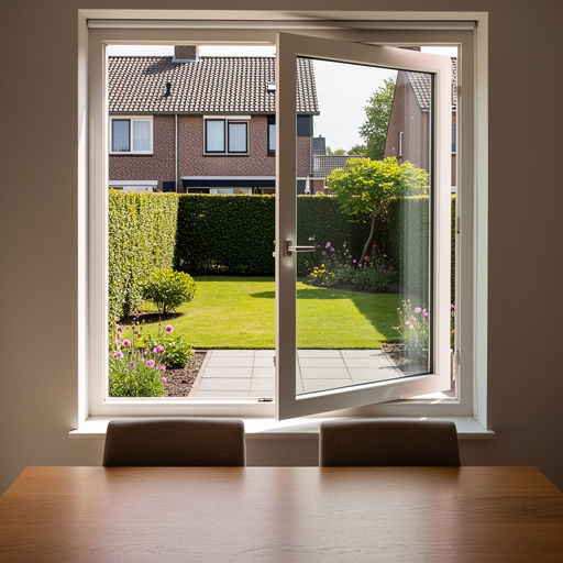 uitzicht vanuit een eetkamer in Alphen door een wit kunststof draai-kiepraam naar de achtertuin