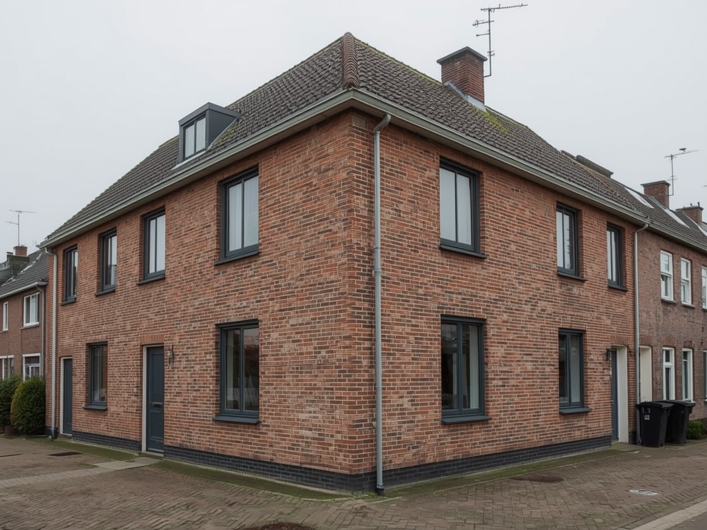 gerenoveerde hoekwoning in Chaam met donkergrijze kunststof kozijnen op jaren-70 gevel
