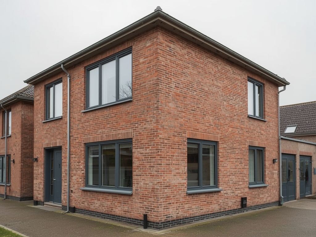 gerenoveerde hoekwoning in Made met donkergrijze kunststof kozijnen op jaren-70 gevel