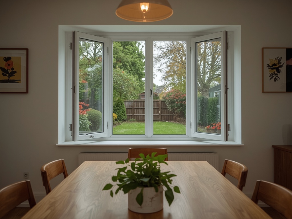 uitzicht vanuit eetkamer in Goirle door wit kunststof draai-kiepraam naar achtertuin