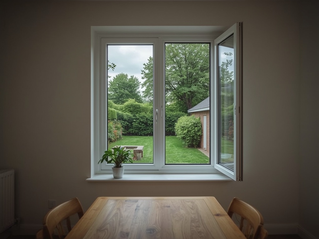 uitzicht vanuit eetkamer in Kaatsheuvel door wit kunststof draai-kiepraam naar achtertuin