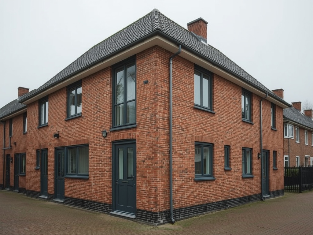 gerenoveerde hoekwoning in Heusden met donkergrijze kunststof kozijnen op jaren-70 gevel