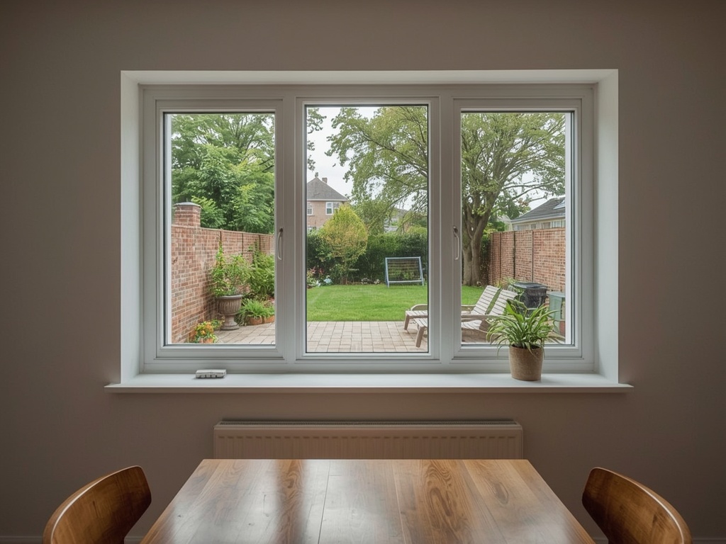 uitzicht vanuit eetkamer in Waalwijk door wit kunststof draai-kiepraam naar achtertuin