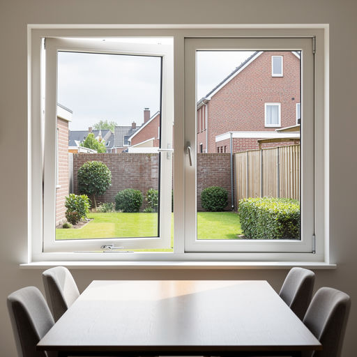 uitzicht vanuit eetkamer in Loon op Zand door wit kunststof draai-kiepraam naar achtertuin