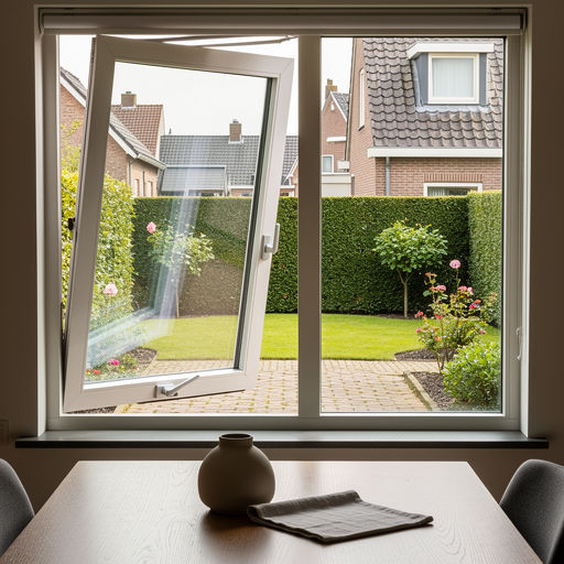 uitzicht vanuit eetkamer in Besoijen door wit kunststof draai-kiepraam naar achtertuin