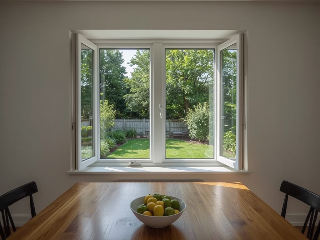 uitzicht vanuit eetkamer in Heusden door wit kunststof draai-kiepraam naar achtertuin