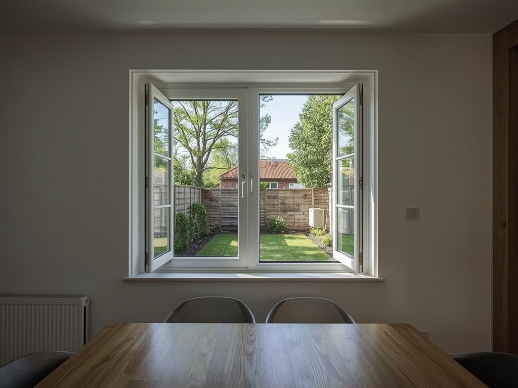 uitzicht vanuit eetkamer in Tilburg door wit kunststof draai-kiepraam naar achtertuin