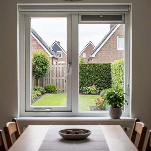 uitzicht vanuit eetkamer in Drunen door wit kunststof draai-kiepraam naar achtertuin