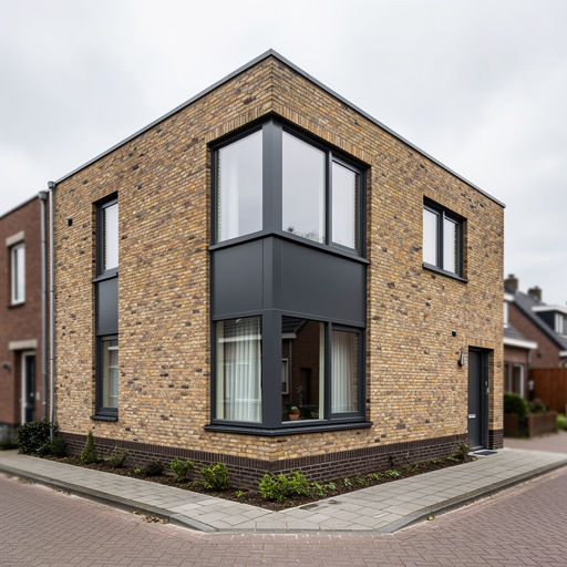 gerenoveerde hoekwoning in Besoijen met donkergrijze kunststof kozijnen op jaren-70 gevel