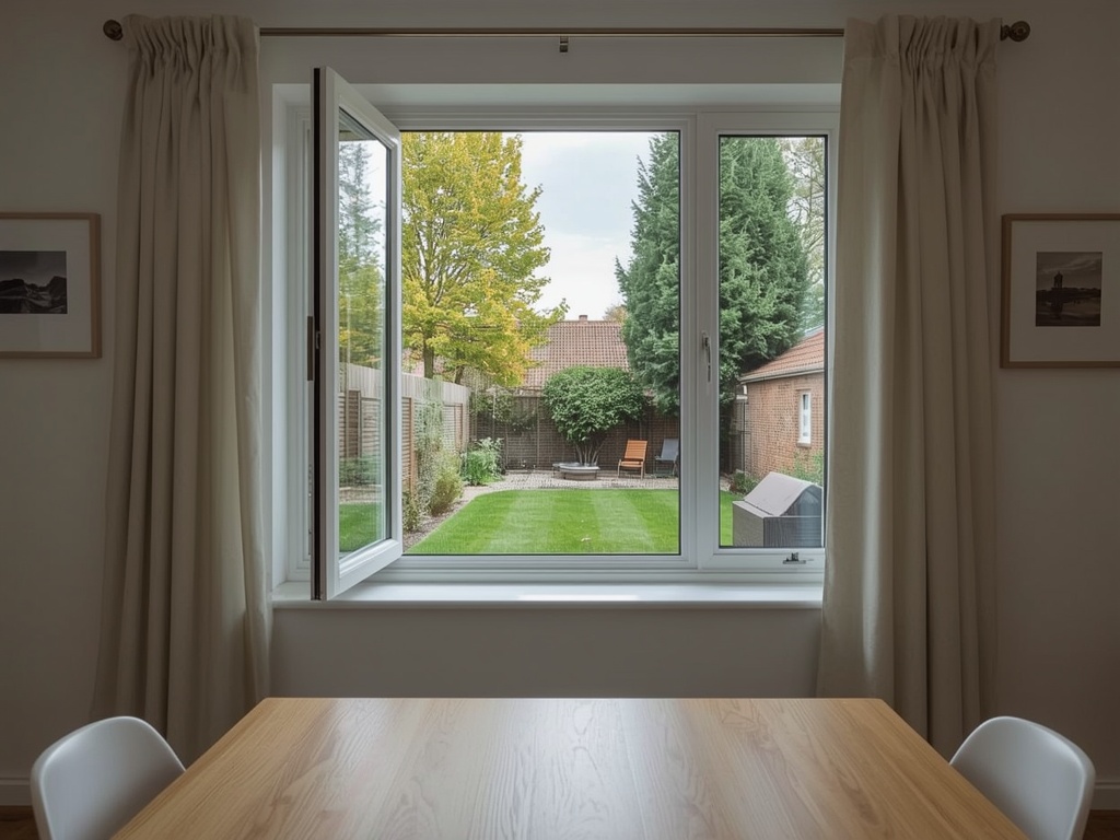 uitzicht vanuit eetkamer in Drimmelen door wit kunststof draai-kiepraam naar achtertuin