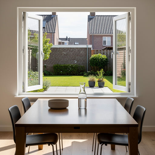 uitzicht vanuit eetkamer in Capelle door een wit kunststof draai-kiepraam naar de achtertuin
