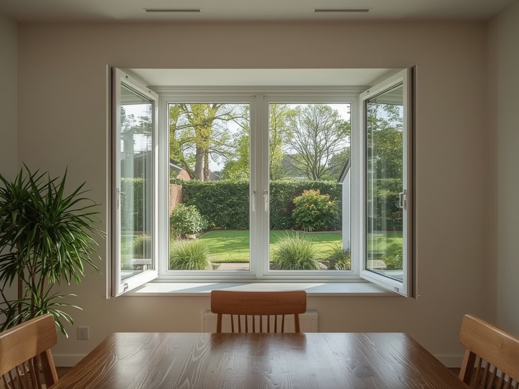 uitzicht vanuit eetkamer in Lage Zwaluwe door wit kunststof draai-kiepraam naar achtertuin