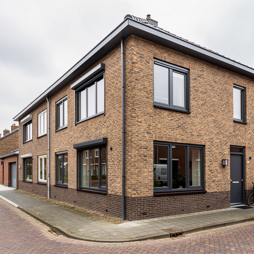gerenoveerde hoekwoning in Drimmelen met donkergrijze kunststof kozijnen op jaren-70 gevel