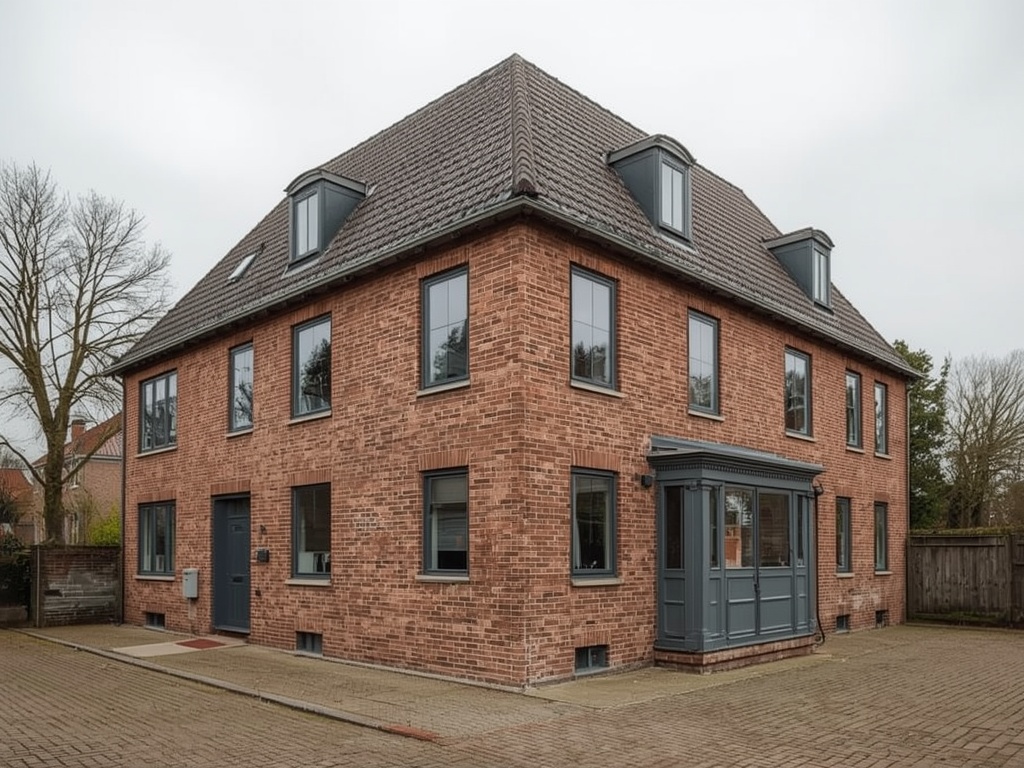 gerenoveerde hoekwoning in Gilze met donkergrijze kunststof kozijnen op jaren-70 gevel