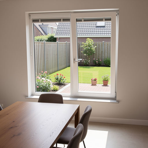 uitzicht vanuit eetkamer in Hooge Zwaluwe door wit kunststof draai-kiepraam naar achtertuin