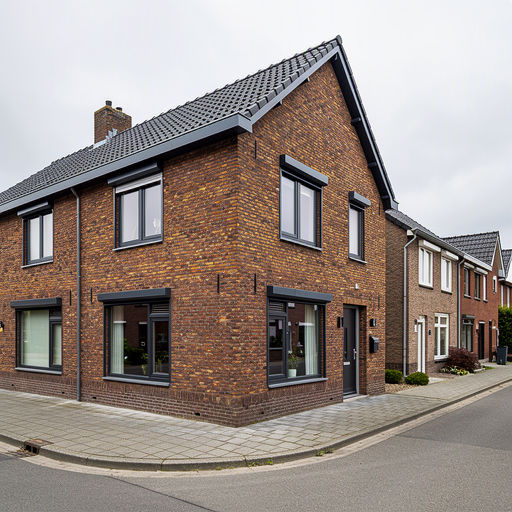 gerenoveerde hoekwoning in Dongen met donkergrijze kunststof kozijnen op jaren-70 gevel